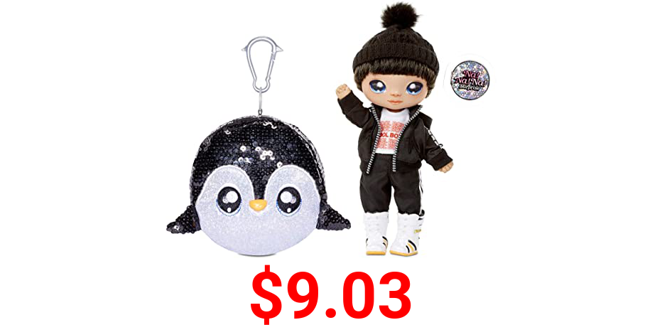 Na! Na! Na! Surprise 2-in-1 Boy Fashion Doll and Sparkly Sequined Purse Sparkle Series – Andre Avalanche, 7.5" Penguin Boy Doll
