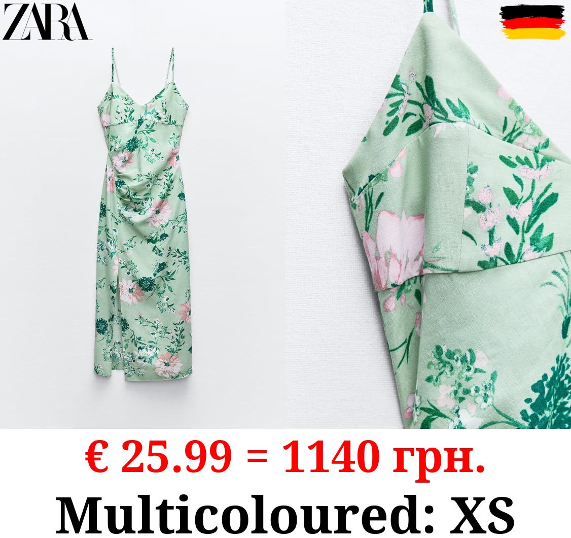 LINEN-BLEND FLORAL PRINT MIDI DRESS