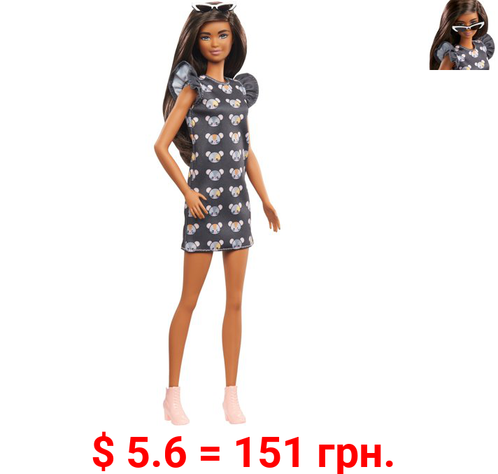 ​Barbie Fashionistas Doll 140 with Long Brunette Hair Wearing Mouse-Print Dress