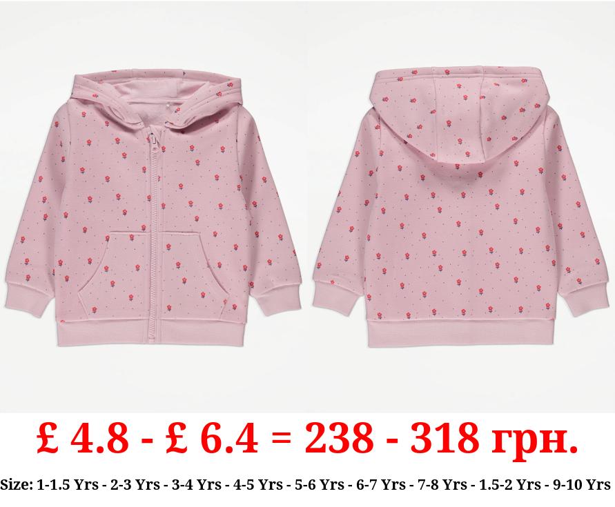 Pink Spot Floral Print Zip Up Hoodie