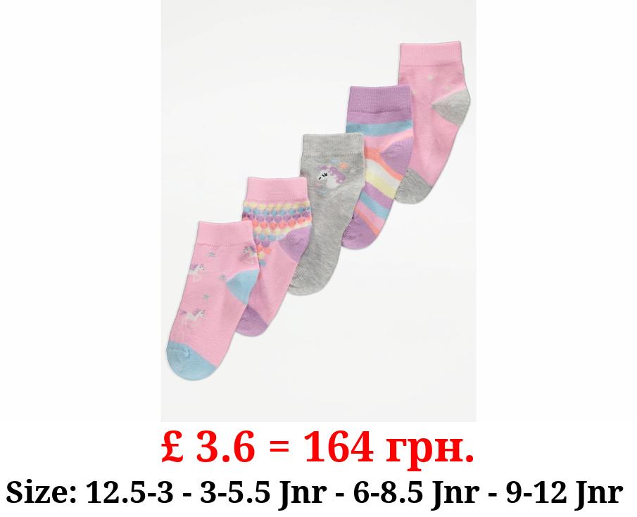 Pink Unicorn Print Cotton Rich Ankle Socks 5 Pack