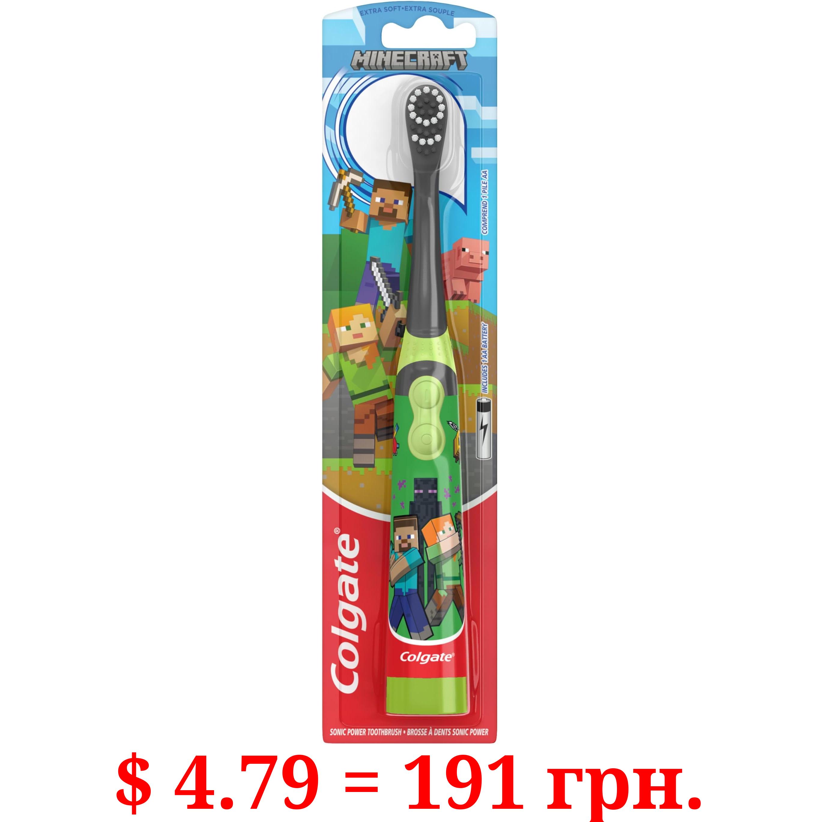 Colgate Kids Battery Powered Minecraft Toothbrush, Extra Soft Kids Battery Toothbrush with 1 AA Battery Included, Made for Ages 3 and Up, Features Easy On and Off Switch, Flat Lay Handle, 1 Count