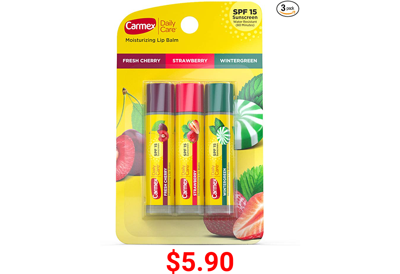 Carmex Daily Care Moisturizing Lip Balm Pack, Lip Balm With Sunscreen in Fresh Cherry, Strawberry and Wintergreen - 3 Count