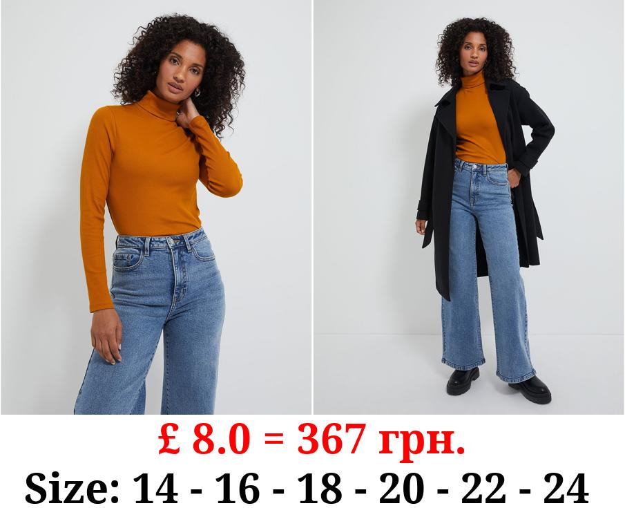 Ochre Roll Neck Ribbed Long Sleeve Top