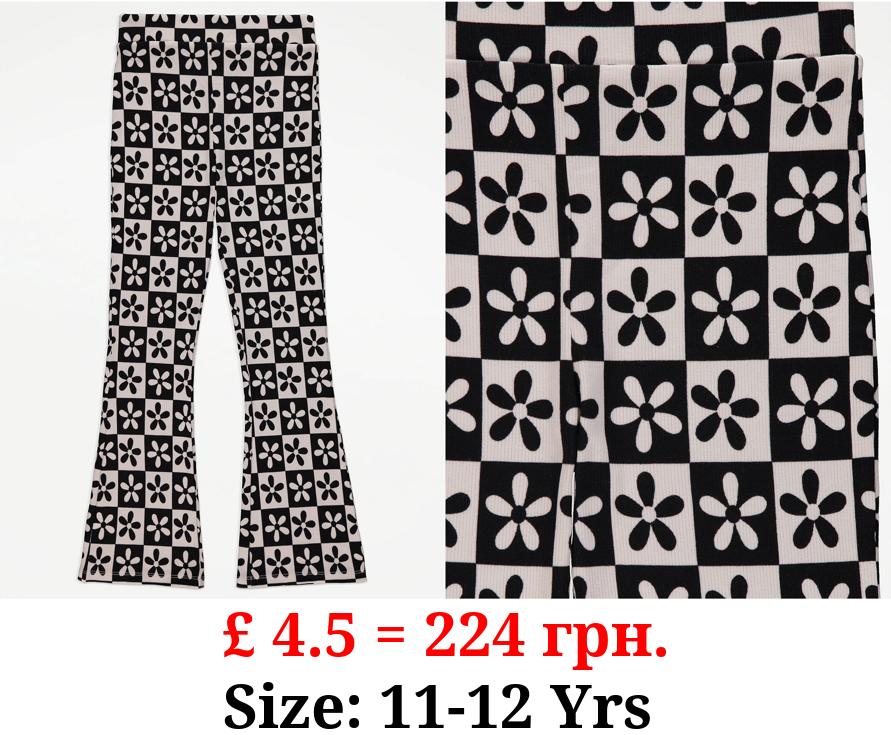 Monochrome Ribbed Floral Kick Flare Trousers