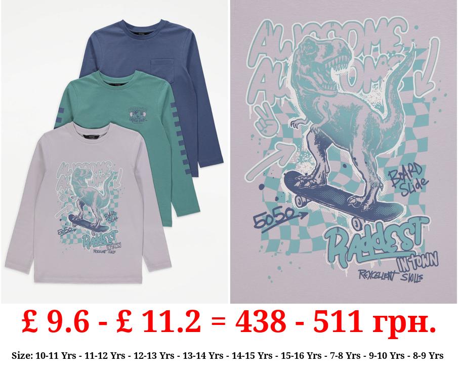 Skater Dinosaur Graphic Long Sleeve Tops 3 Pack