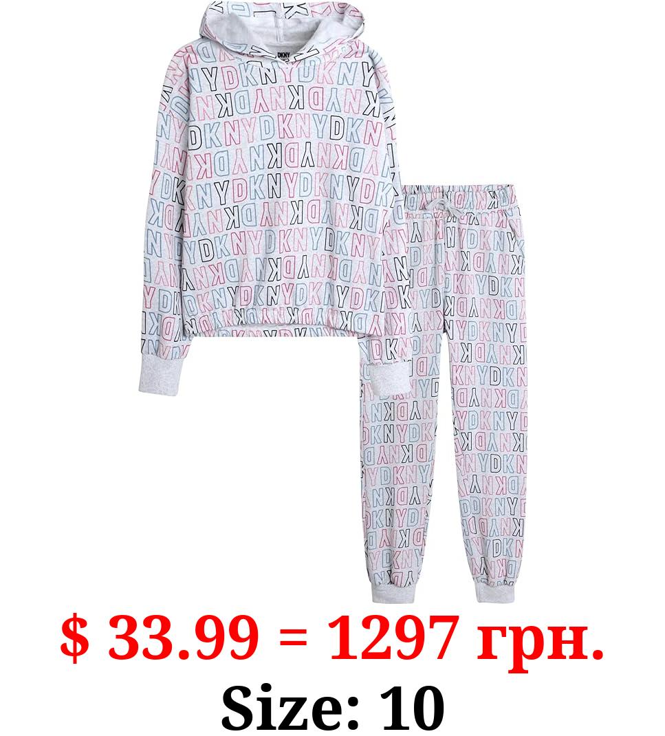 DKNY Girls' Sweatsuit Set - 2 Piece Fleece Hoodie Sweatshirt and Jogger Sweatpants (12M-16)