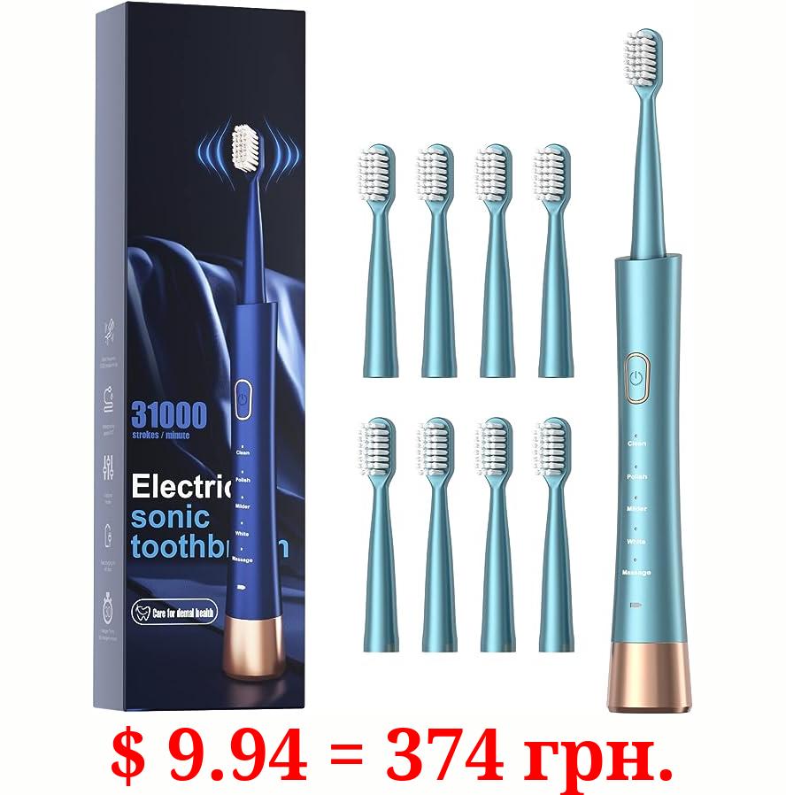 USB Rechargeable Sonic Electric Toothbrush for Adults, Powered Motor High Vibration Teeth & Gum Care, Soft Dupont Brush Heads, 2 Minutes Timer 5 Modes, Green