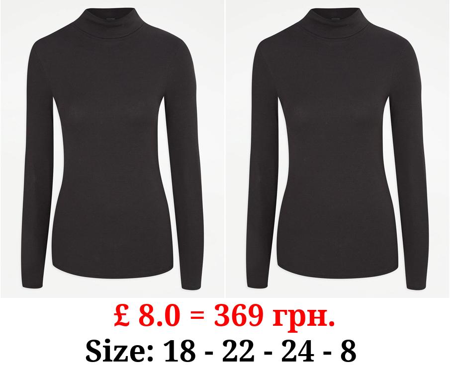 Black Ribbed Roll Neck Long Sleeve Top