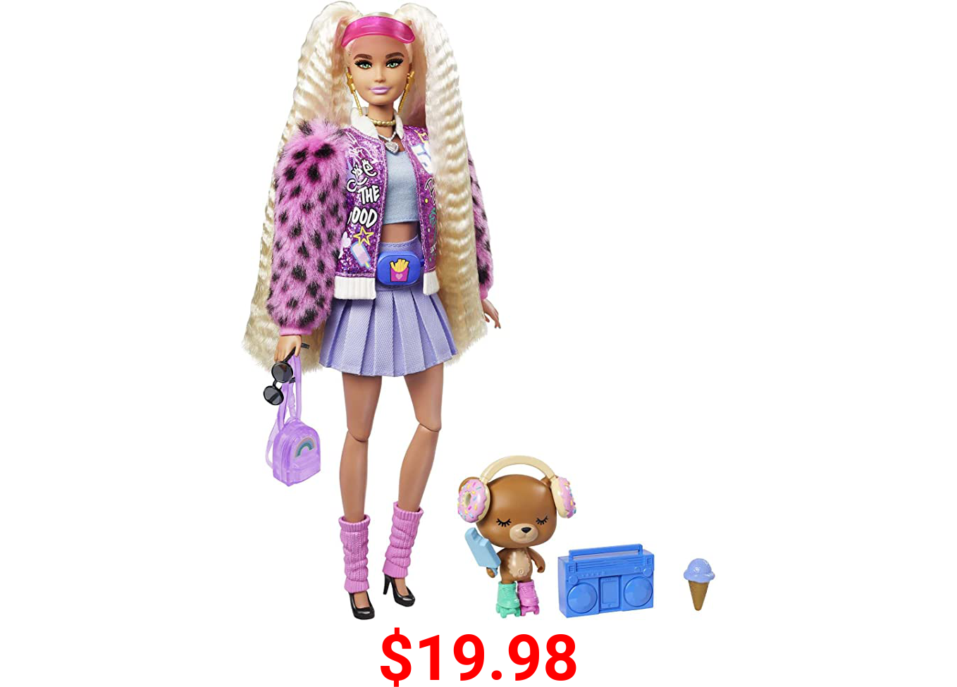 Barbie Extra Doll #8 in Pink Sparkly Varsity Jacket with Furry Arms & Pet Teddy Bear, Extra-Long Crimped Pigtails, Layered Outfit & Accessories, Multiple Flexible Joints