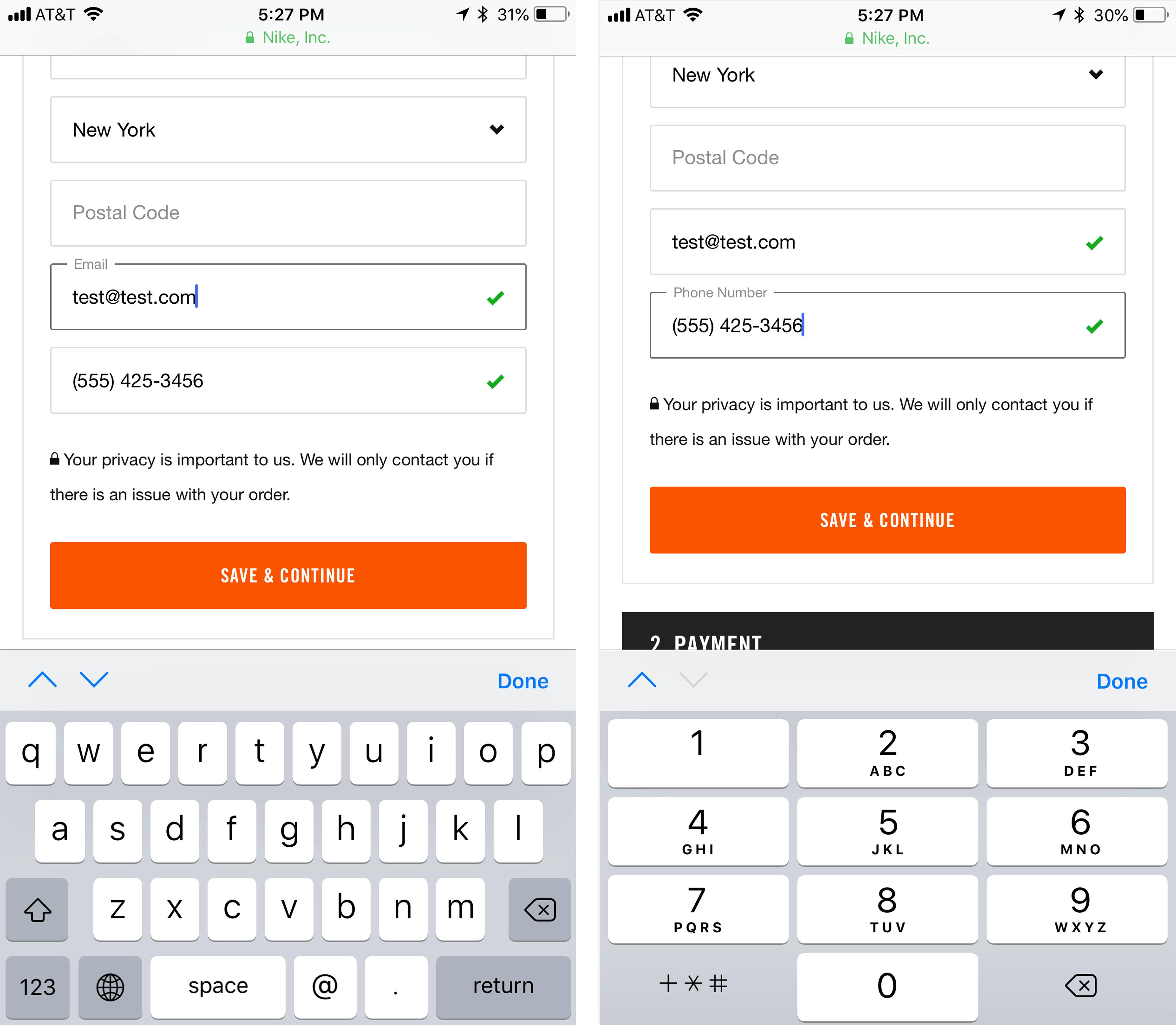 Nike.com показал правильные клавиатуры для полей электронной почты (слева) и номера телефона (справа).