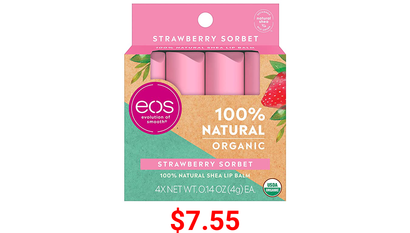 eos USDA Organic Lip Balm - Strawberry Sorbet Lip Care to Nourish Dry Lips 100% Natural and Gluten Free Long Lasting Hydration 0.14 oz 4 Pack