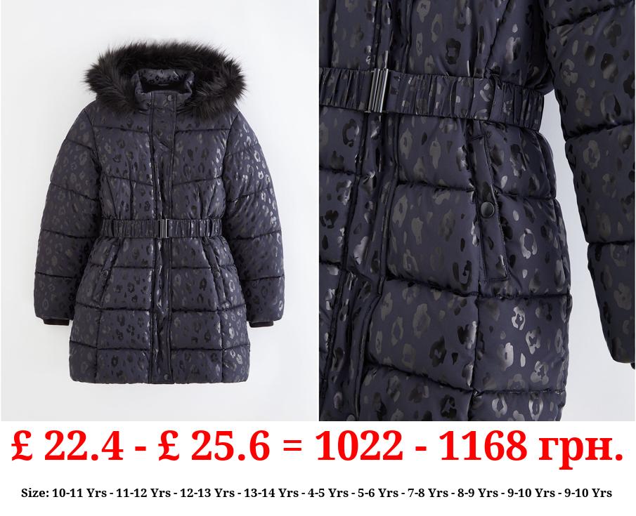 Navy Leopard Belted Longline Padded Coat