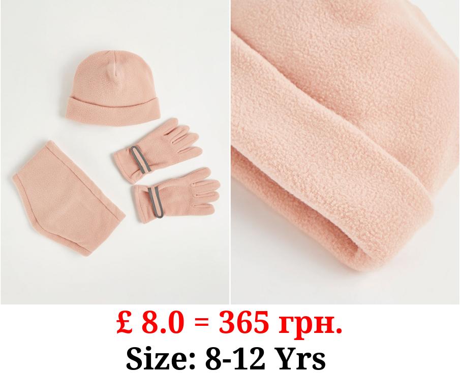 Pink Fleece Hat Snood and Gloves 3 Piece Set