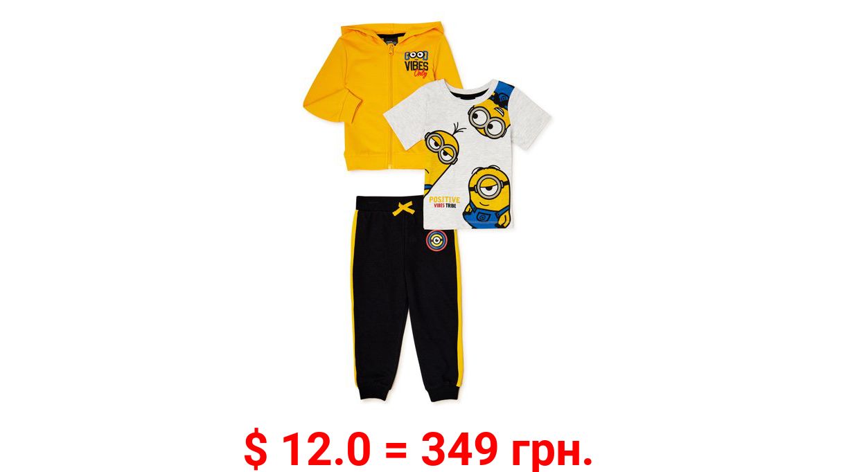 Minions Toddler Boy Zip Hoodie, Short-Sleeve T-Shirt, and Jogger Pant Outfit Set, 3-Piece, Sizes 2T-5T