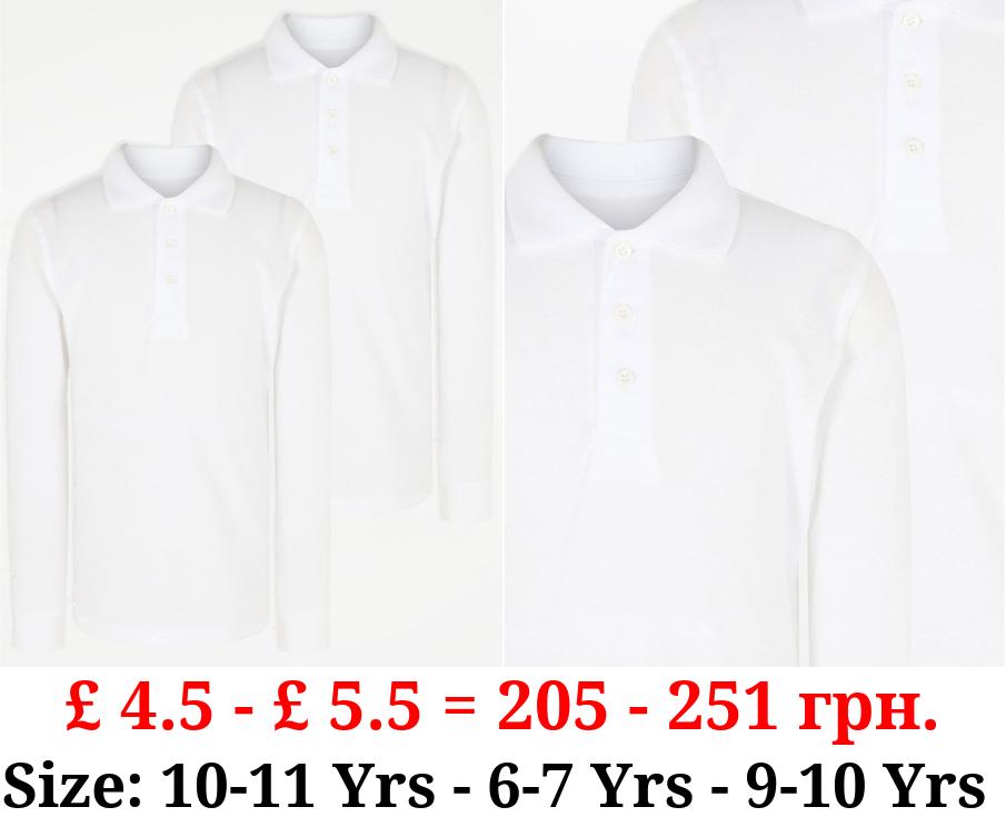 White Regular Fit Long Sleeve School Polo Shirts 2 Pack