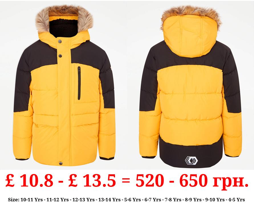 Yellow Faux Fur Trim Padded Coat