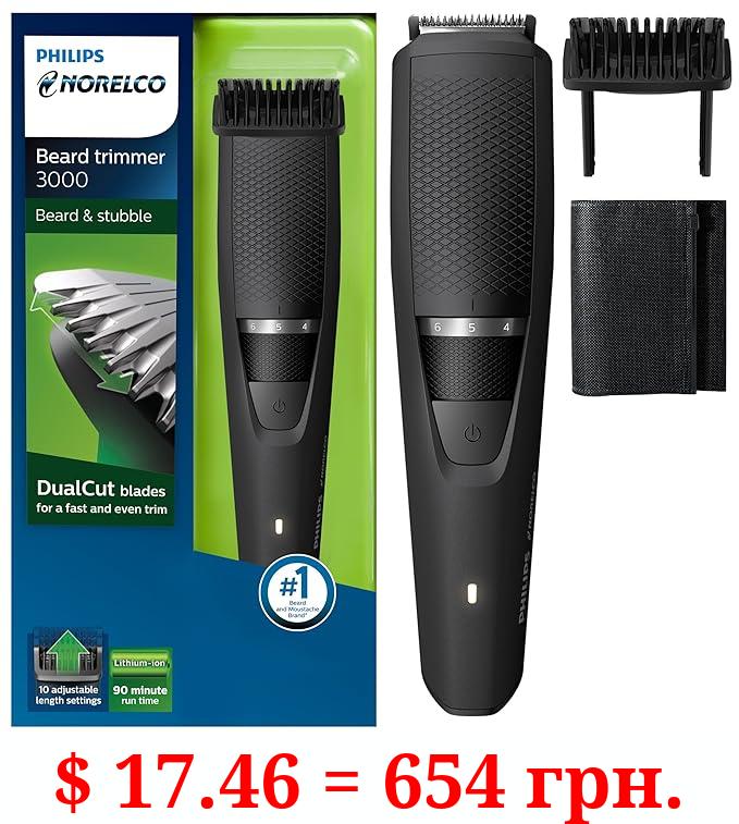 Philips Norelco Electric Beard Trimmer and Hair Clipper Series 3000, 90 min Cordless Grooming, 10 Adjustable Length Settings, Detachable Head for Washing - No Blade Oil Needed, BT3210/41