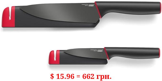 Joseph Joseph Slice & Sharpen 6" Chef's Knive and 3.5" Paring Knife with Sharpening Protective Sheaths, Black