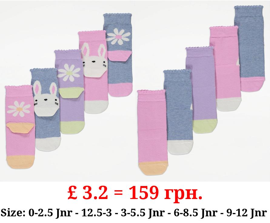 Bright Bunny Floral Picot Trim Ankle Socks 5 Pack