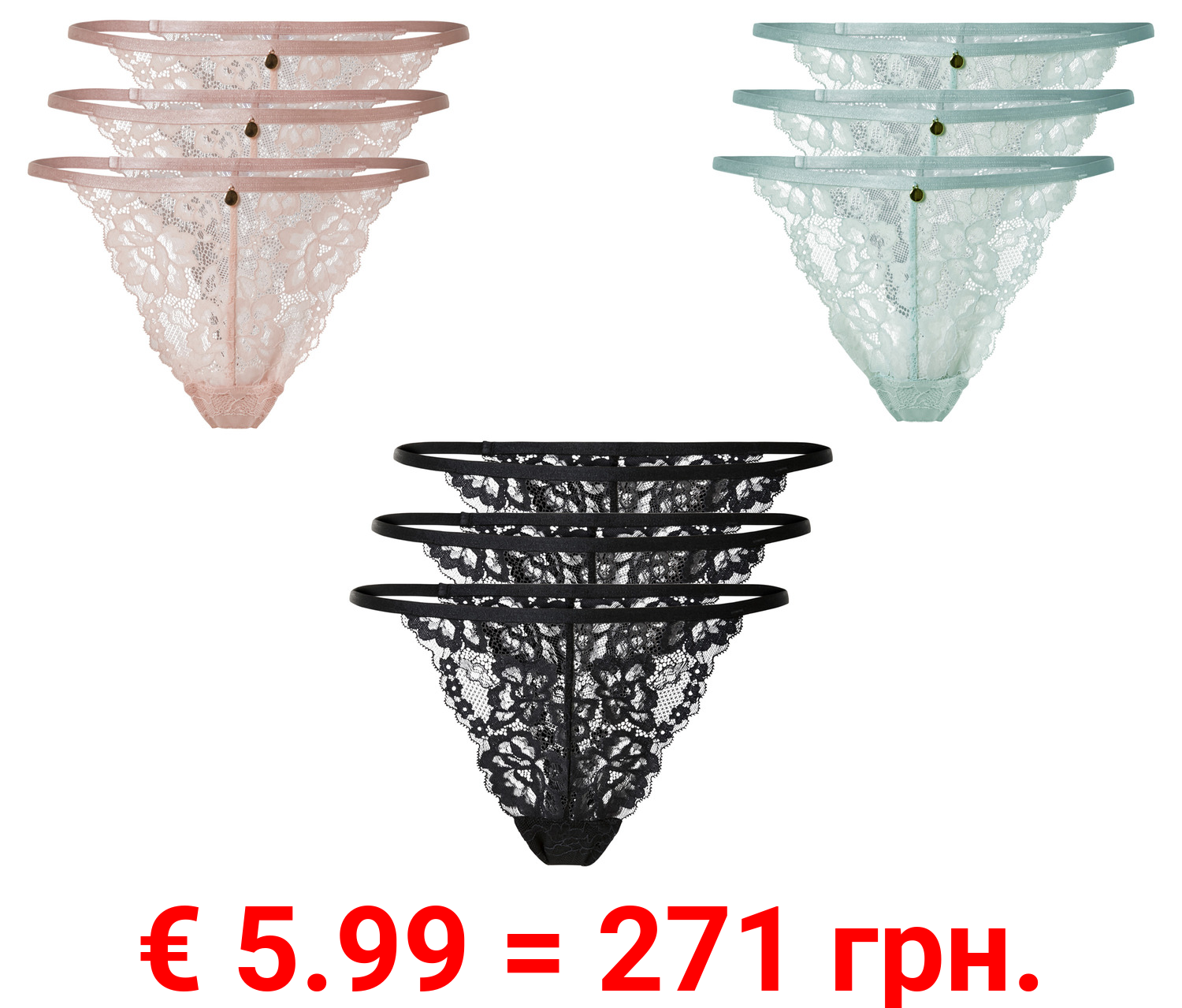 esmara® Damen Strings, 3 Stück, mit eleganter Spitze