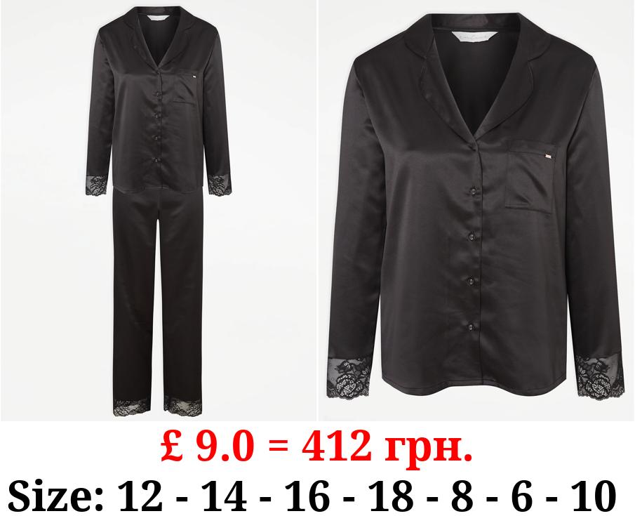 Entice Black Satin Lace Trim Shirt Pyjamas