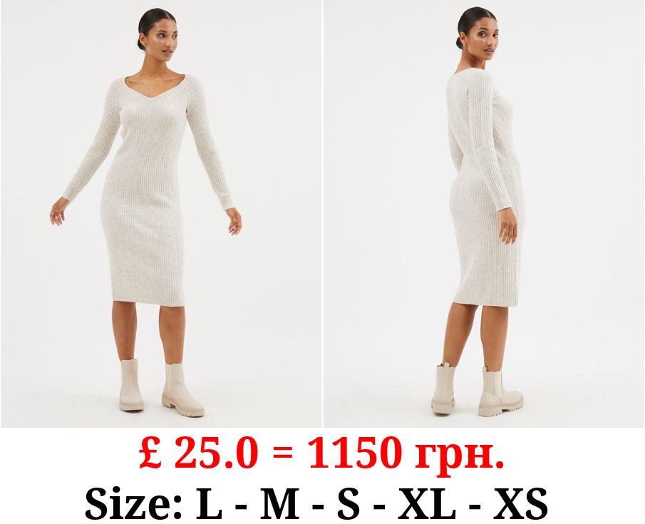 Cream Sweetheart Neck Knitted Midi Dress