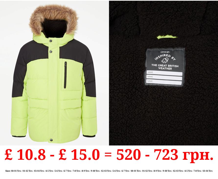 Lime Green Faux Fur Trim Hooded Padded Coat
