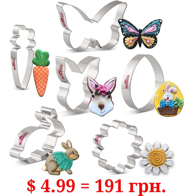 LILIAO Spring Easter Cookie Cutter Set - 6 Piece - Easter Egg, Bunny Face, Rabbit, Carrot, Butterfly and Daisy Flower Sandwich Fondant Biscuit Cutters - Stainless Steel