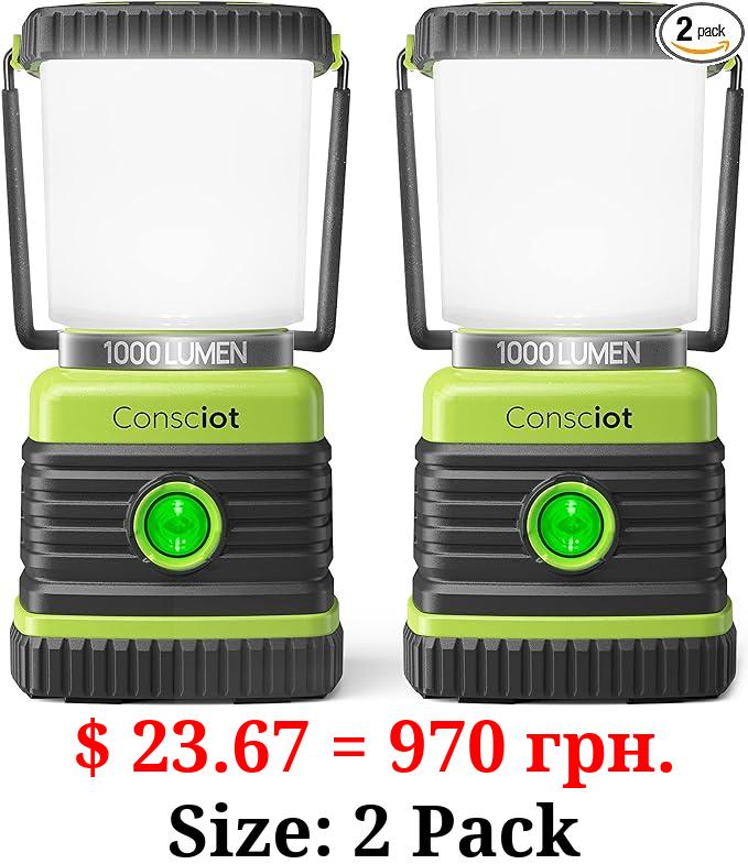 LED Camping Lantern, Consciot Battery Powered Camping Lights, 1000LM, 4 Light Modes, IPX4 Waterproof Tent Lights, Portable Flashlight for Power Outages, Emergency, Hurricane, Hiking, 2-Pack