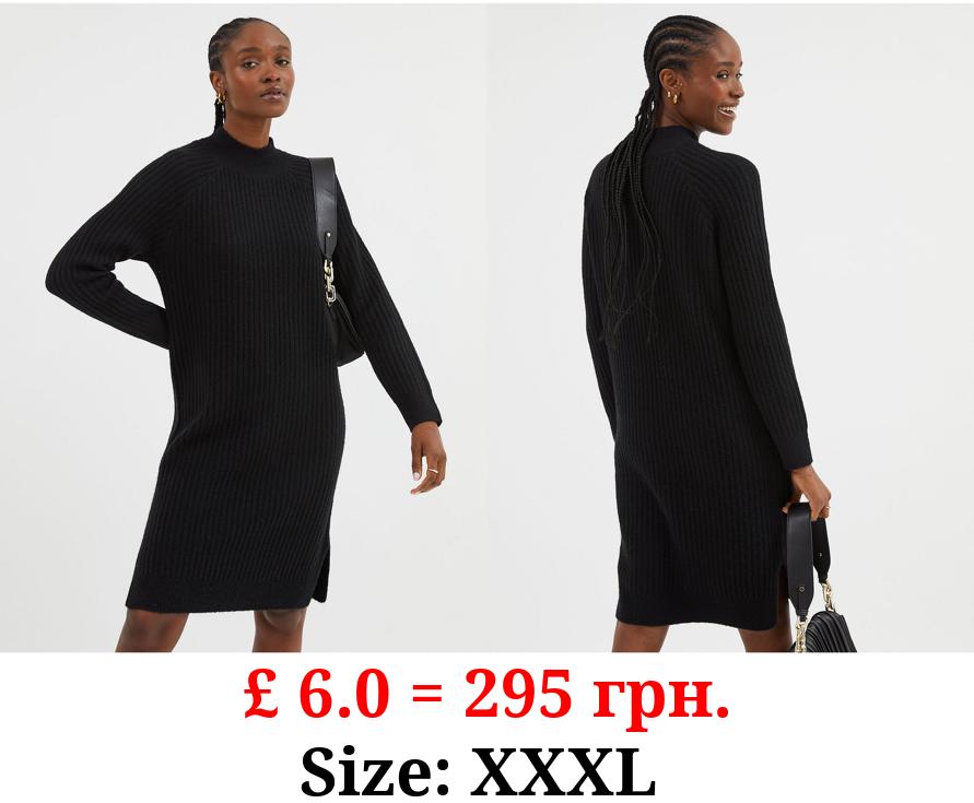 Black Ribbed Funnel Neck Knitted Mini Dress