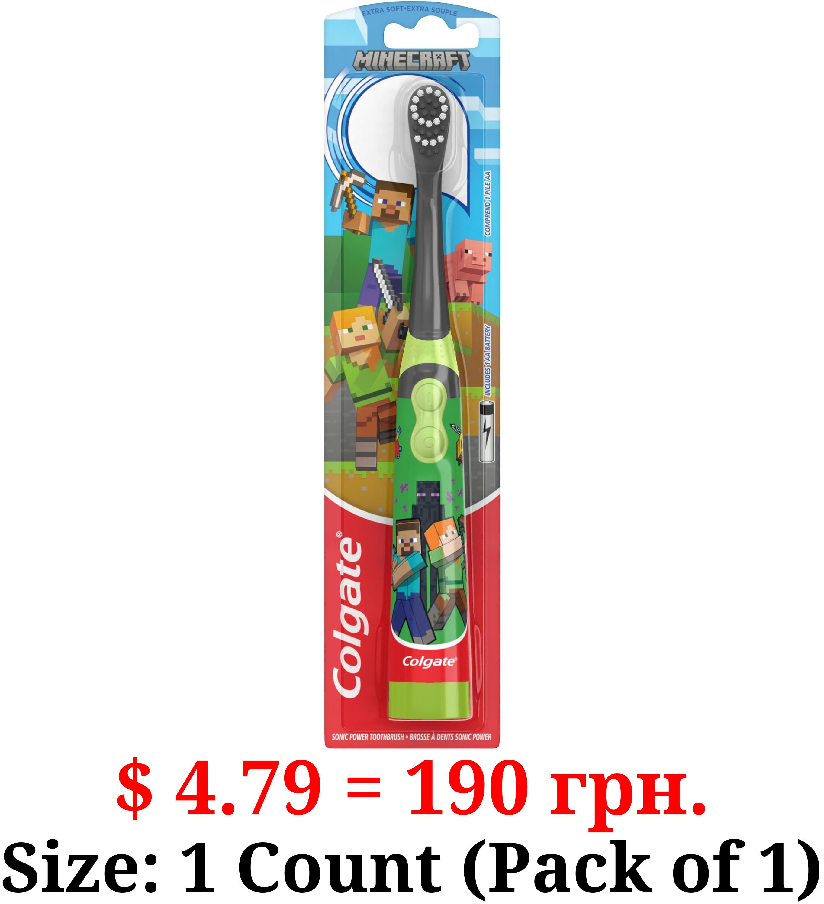 Colgate Kids Battery Powered Minecraft Toothbrush, Extra Soft Kids Battery Toothbrush with 1 AA Battery Included, Made for Ages 3 and Up, Features Easy On and Off Switch, Flat Lay Handle, 1 Count
