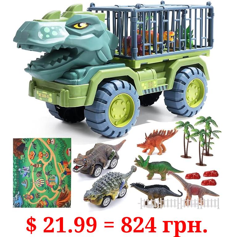 CUTE STONE Dinosaur Truck, Dinosaur Transport Car Carrier Truck with Dinosaur Toys, Friction Powered Cars, Activity Playmat, Dino Car Playset Toys for Kids Boys Grils