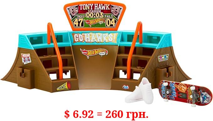 Hot Wheels Skate Stadium Set with Exclusive Fingerboard Designed with Tony Hawk, 1 Removable Pair of Skate Shoes, Toy Storage for Finger Skateboards