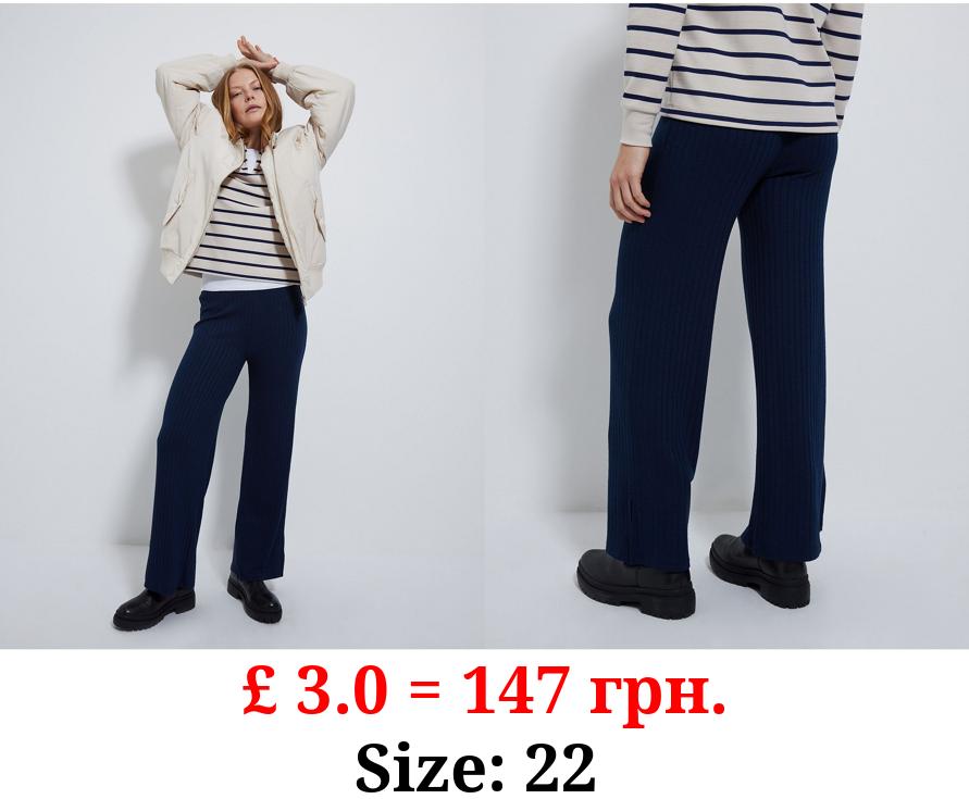 Navy Ribbed Wide Leg Trousers