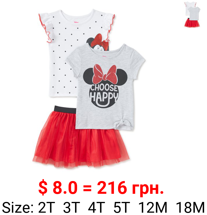 Minnie Mouse Baby Girls & Toddler Girls Flutter Sleeve Top, Tie-Front T-shirt & Scooter Skirt, 3pc Outfit Set, Sizes 12M-5T