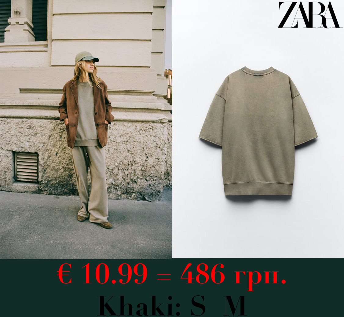 FADED-EFFECT SHORT SLEEVE PLUSH SWEATSHIRT