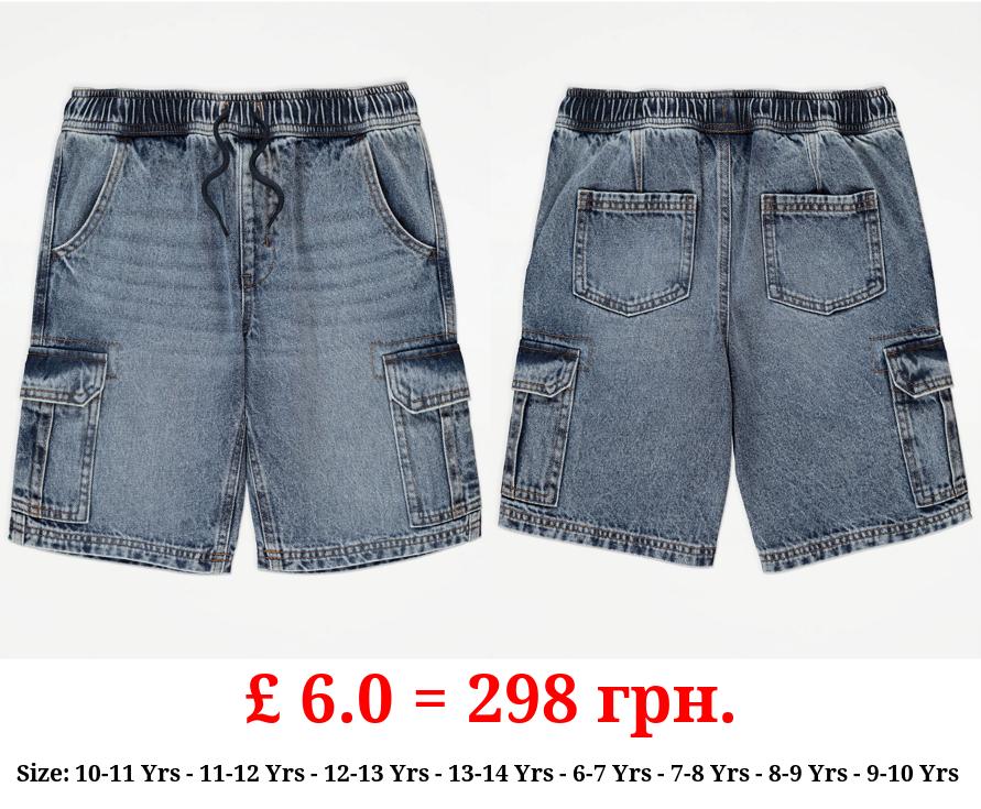 Mid Wash Pull On Denim Cargo Shorts