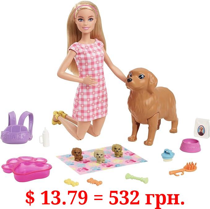 Barbie Doll and Accessories Playset with Blonde Doll, Mommy Dog, 3 Puppies and 11 Pieces, Newborn Pups Set