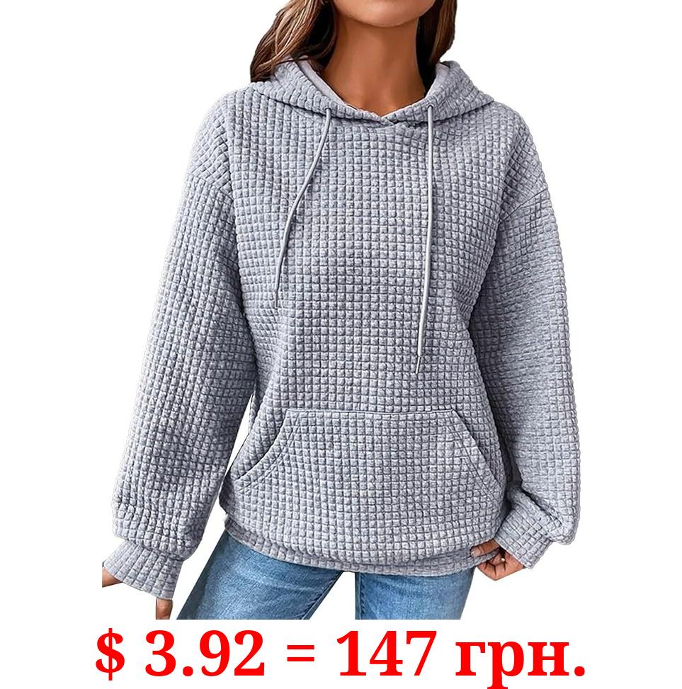 HUMMHUANJ Hoodies For Women Casual Long Sleeve Drawstring Waffle Pullover Tops Loose Hooded Sweatshirt with Pocket