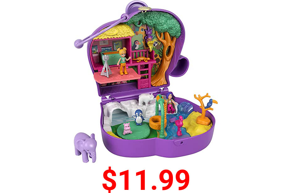 Polly Pocket Elephant Adventure Compact, Animal Theme with Micro Polly & Bella Dolls, 5 Reveals & 13 Related Accessories, Pop & Swap Feature, Great Gift for Ages 4 Years Old & Up