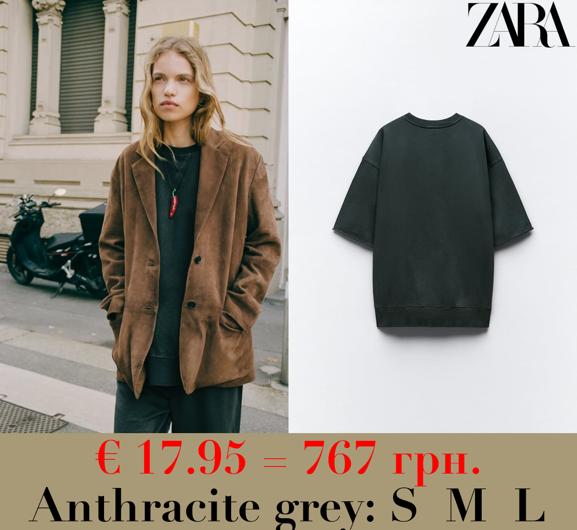 FADED-EFFECT PLUSH SHORT SLEEVE SWEATSHIRT