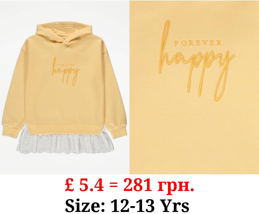 Yellow Forever Happy Slogan Broderie Hoodie