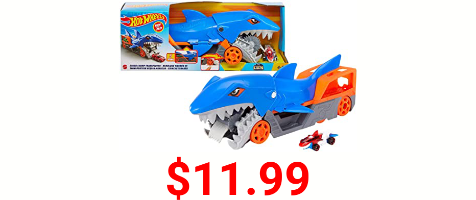 Hot Wheels Shark Chomp Transporter Playset with One 1:64 Scale Car for Kids 4 to 8 Years Old, Shark Bite Hauler Picks Up Cars in Its Jaws & Stores Up to Five in its Belly