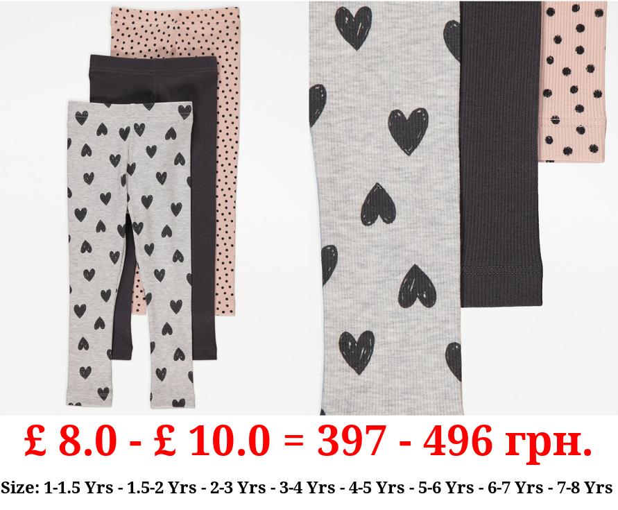 Heart Spot Patterned Ribbed Leggings 3 Pack