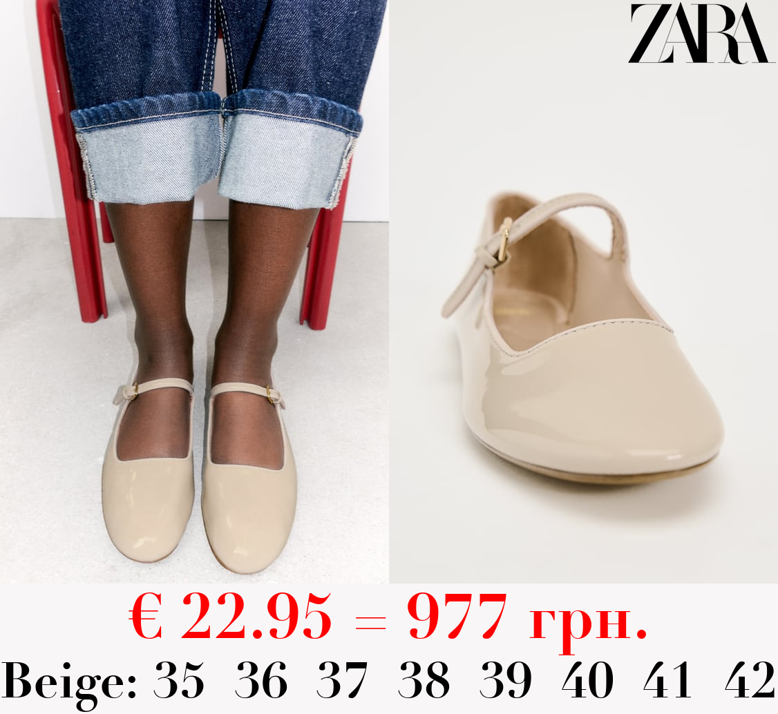 FAUX PATENT BALLET FLATS WITH ANKLE STRAP