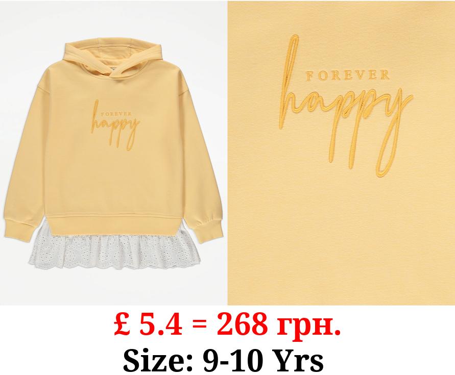 Yellow Forever Happy Slogan Broderie Hoodie