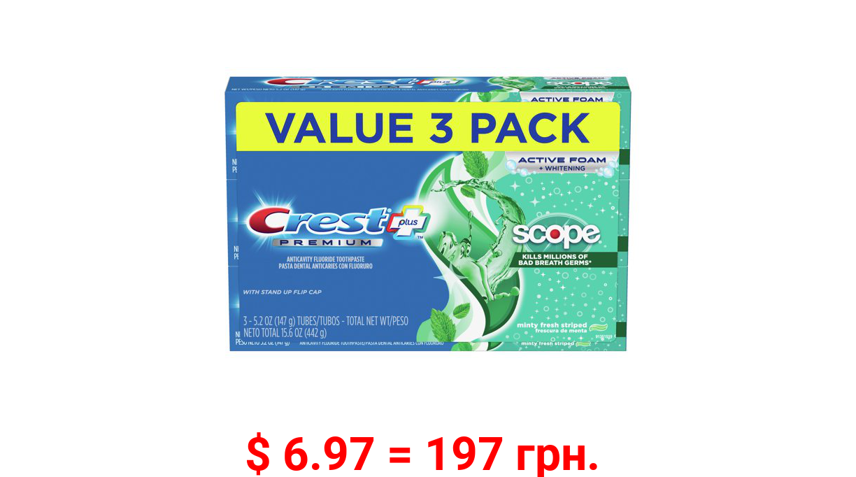 Crest Premium Plus Scope Toothpaste, Minty Fresh Flavor 5.2 Oz, 3 Pk