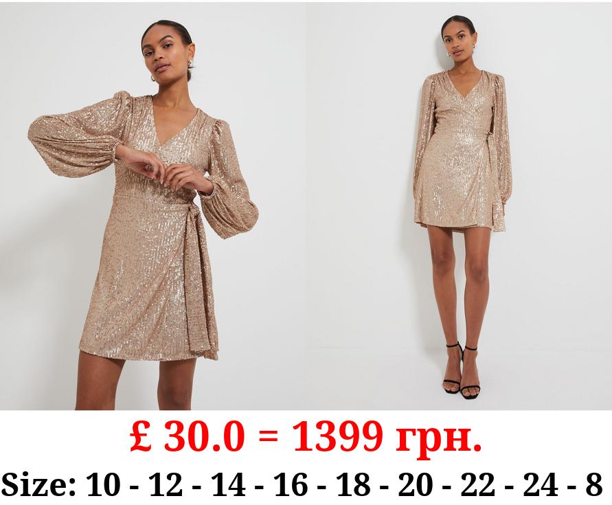 Gold Sequin Wrap Front Mini Dress