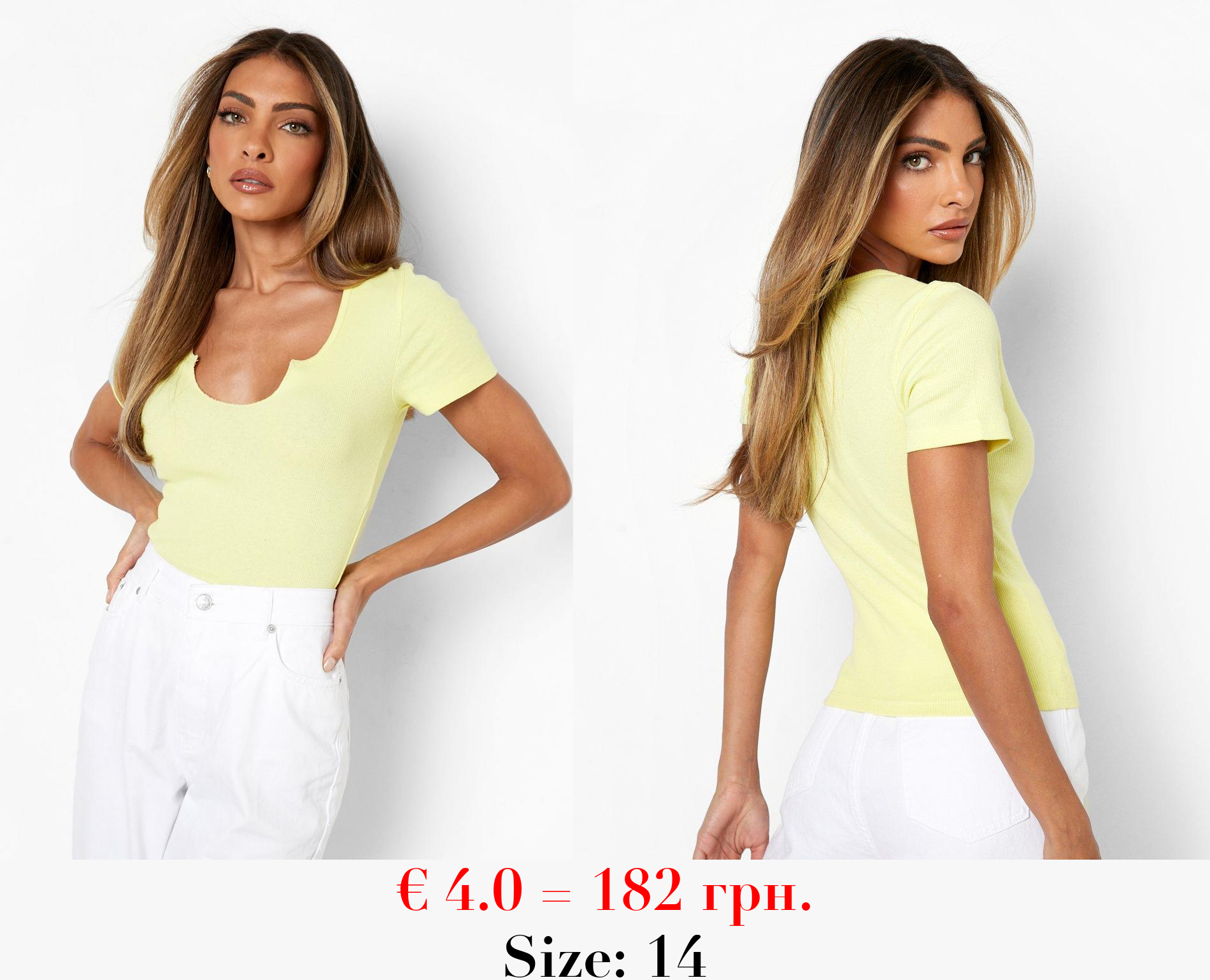 Yellow Rib Notch Neck Short Sleeve Top